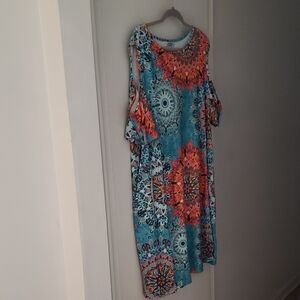 Cold-Shoulder Midi Dress with Turquoise & Coral Medallion Print